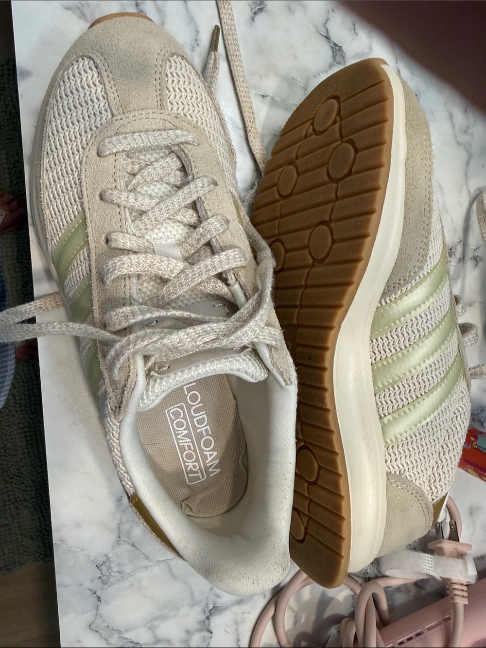 adidas Women's Beige Sneakers with Pale Green Stripes - Picture 3 of 4